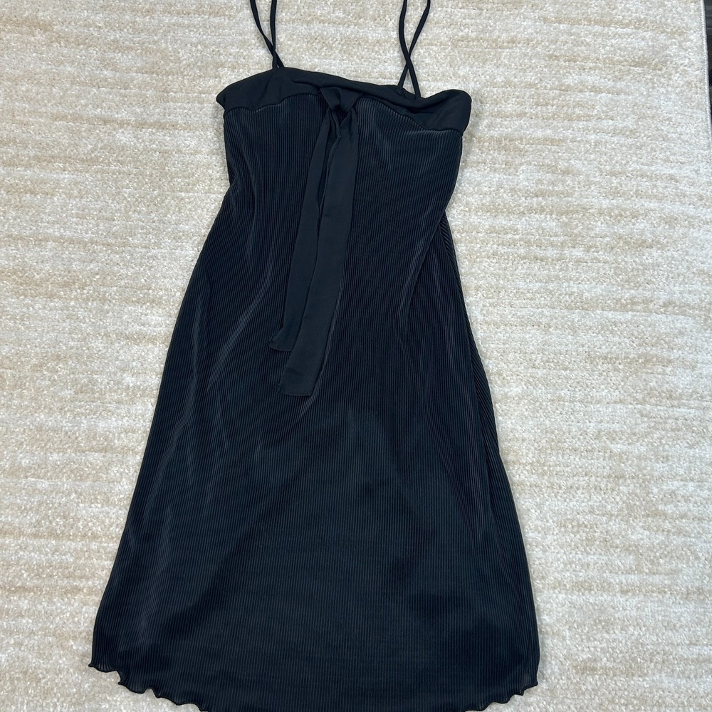 Funhouse Vintage Black Pleated Midi Dress Tie Front Lettuce Edge Size Medium